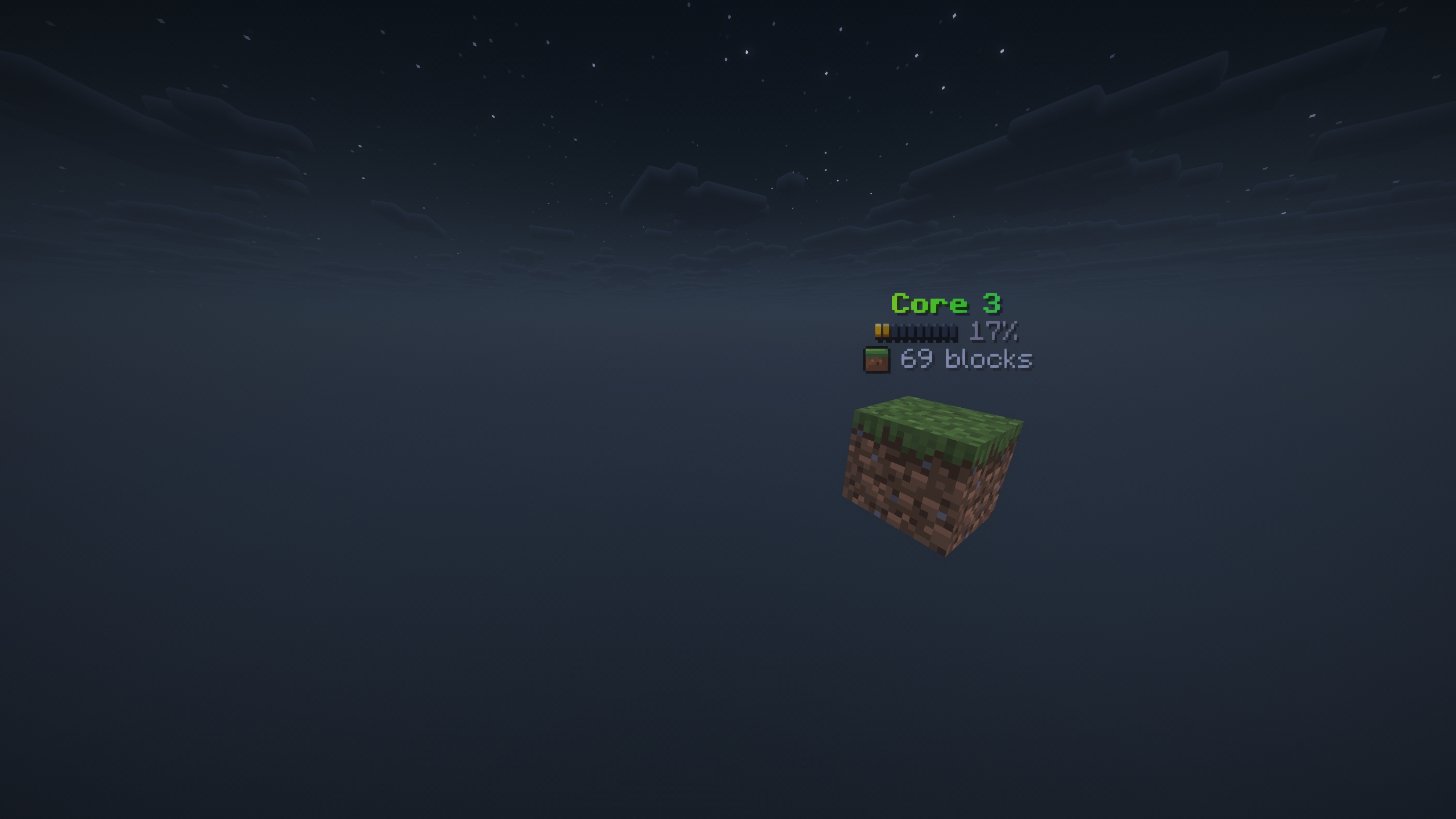 A single OneBlock grass block floating in the black void with the live Core level hologram above it